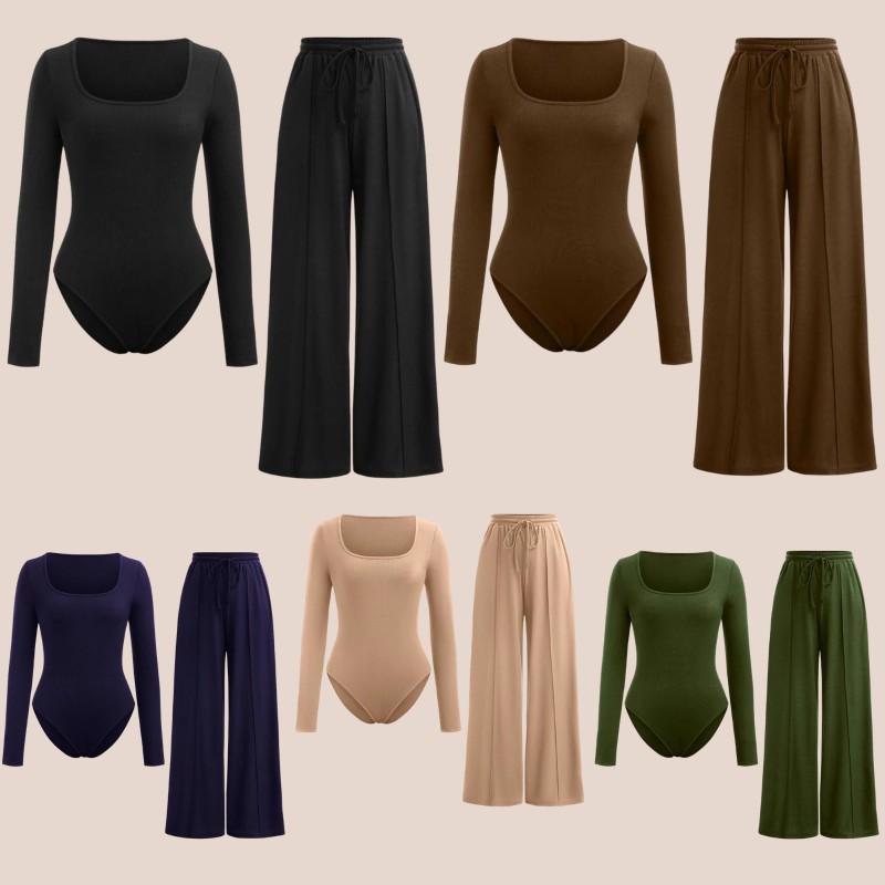 Product Introduction of WOMENS LADIES 2 PIECE MATCHING SET CREW NECK BODYSUITS WIDE LEG TROUSERS PANTS PALAZZO SET LOUNGEWEAR LONGSLEEVES STRETCHY SOFT COMFY LADY ELASTICATED WAIST DRAWSTRING HIGH QUALITY COORD LOUNGESET COMFORT WOMENSWEAR OVERALL Basic Adjustable Comfortable 3