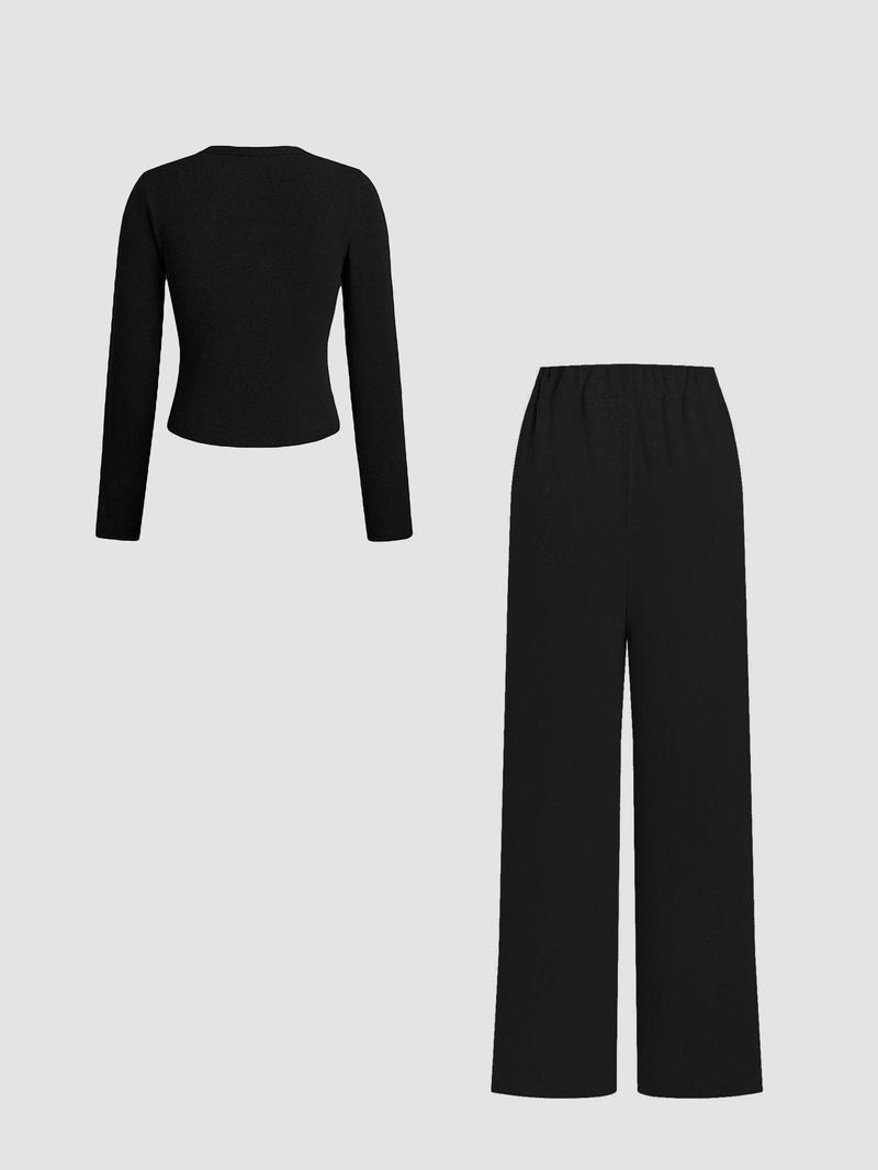 Product Introduction of Two-piece Set Women's Solid Button Front Ribbed Crop Top & Elastic Waist Pants, Casual Long Sleeve Round Neck Top & Trousers 2 Piece Set for Spring & Fall, Women's Clothes for Daily Wear, Sassyandclassyclothing 14