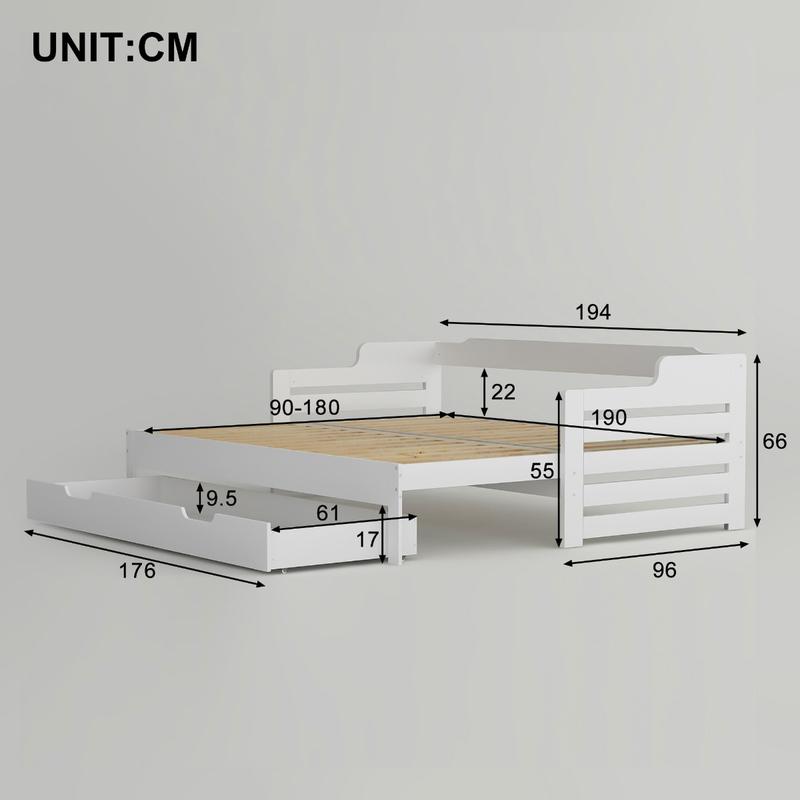 Single Bed Turns Into Double, Pull Out Sofa Bed Double with Trundle and Storage Drawer, Cabin Daybed for Living Room and Bedroom, 90 X190 CM - White (No Mattress) 1