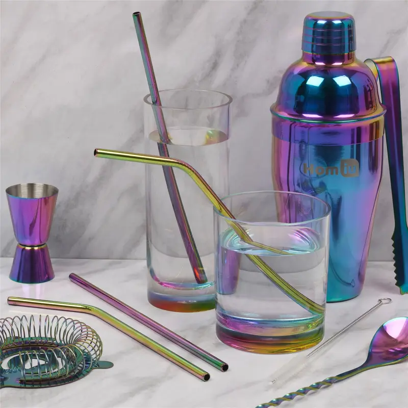 Homiu Stainless Steel Rainbow Straw Forever 4 Pack Includes Cleaning Brush Drinkware Metal 3