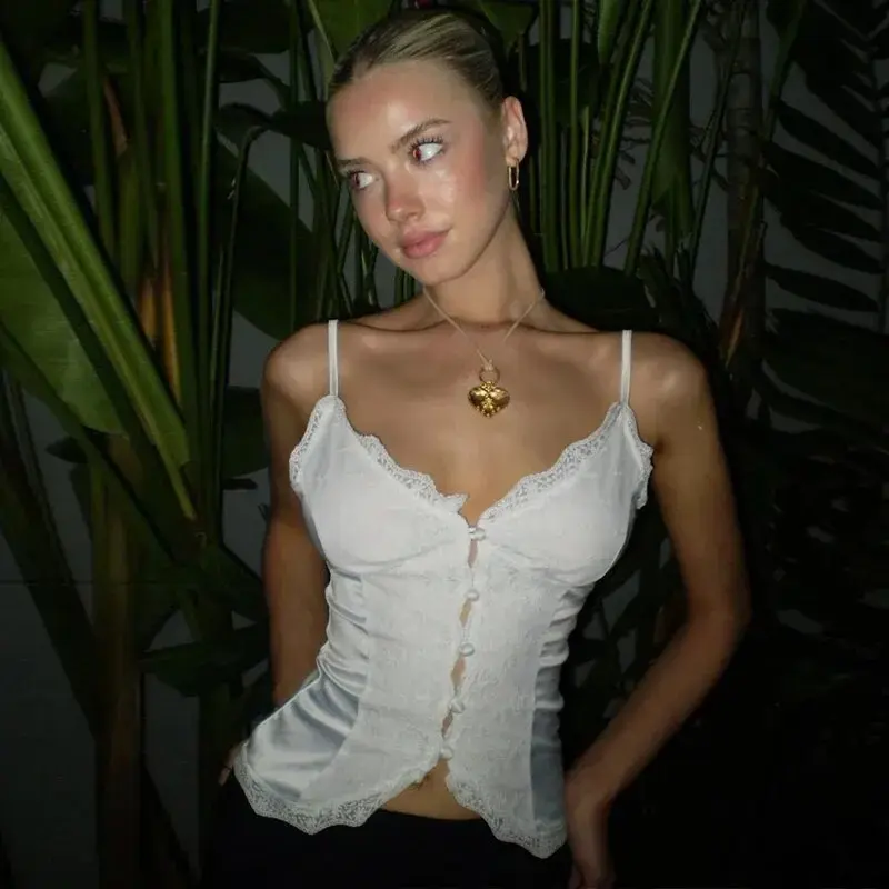 White Pearly Lace Embrace Top Womenswear Comfort Women Basic Minimalist Sleeveless Fabric Fit Elegance Woven Floral Sexy Spaghetti Strap