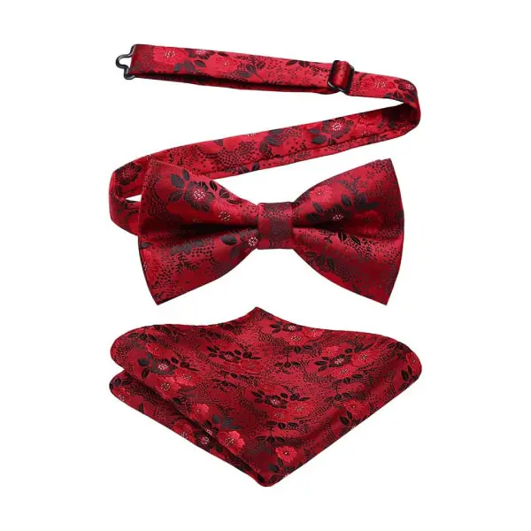 Men's Solid Color Pre-tied Bow Tie Adjustable Tuxedo Two Layer Bow Tie and Pocket Square Set with Gift Box 2