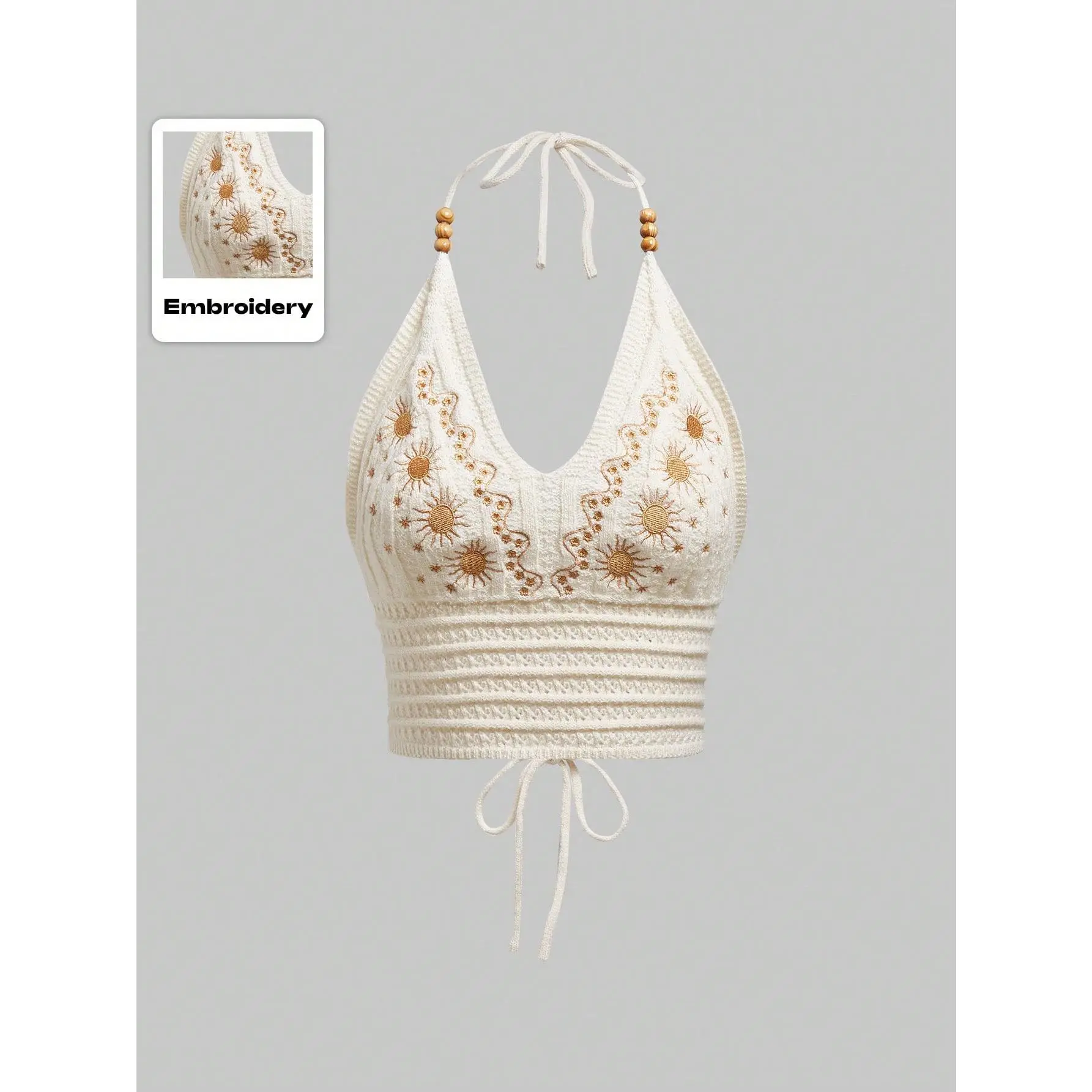 ROMWE Hippie Summer Embroidered Cross Strap Backless Holder Crochet Knit Top