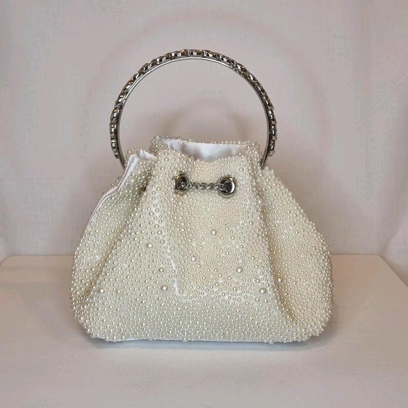 Ivory Pink Pearl Luxury Bon Bon Crystal Diamond Top Handle Tassel Chain Embellished Evening Clutch Bag for Women odourless elegant fashion bags 5
