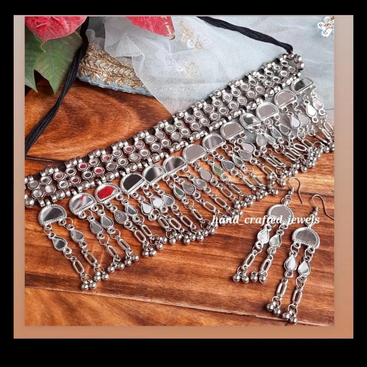 Indian Oxidised Silver mirror Jewellery Set - choker Necklace & Earrings Asian Indian Pakistani Afghani Style set mehndi uk