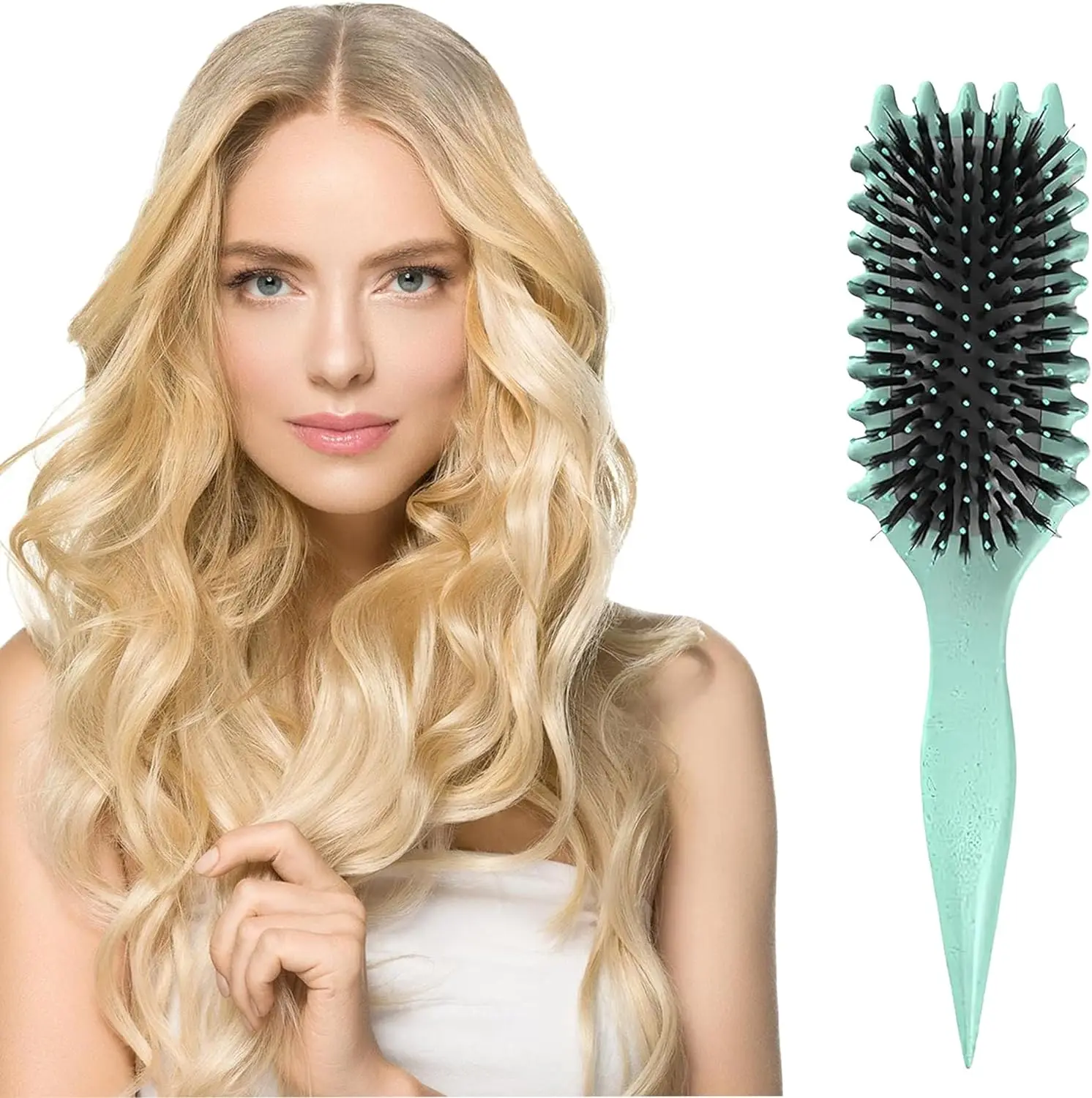 Curly Hair Brush - Shape & Define Curls - Boar Bristle Styling Tool for Women & Men - Lightweight Design Heatless Green Haircare detangler