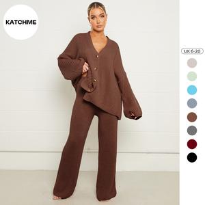 KatchMe Women's V Neck Casual Cardigan & Wide Leg Pants Co-ord(One Size: 6-20UK),Two-Piece Outfit for Womenswear,Comfort Ribbed Knit Top & Trousers