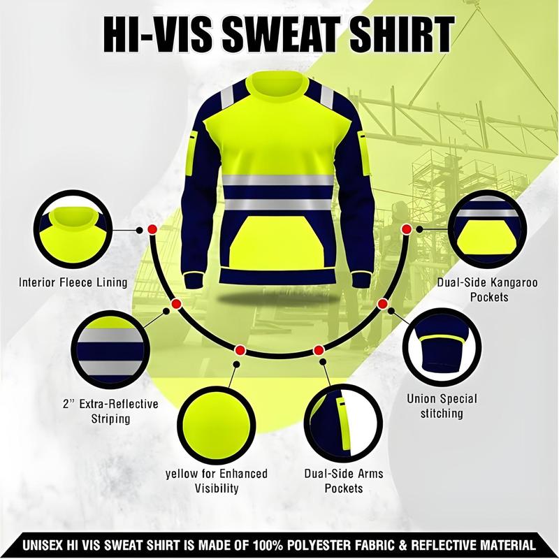 Product Introduction of Hi-Vis Men's Utility Sweatshirt – High-Visibility Reflective Crew Neck Jumper | Soft Fleece Workwear with Zipped Pockets & Long Sleeves Menswear Hoodie 11