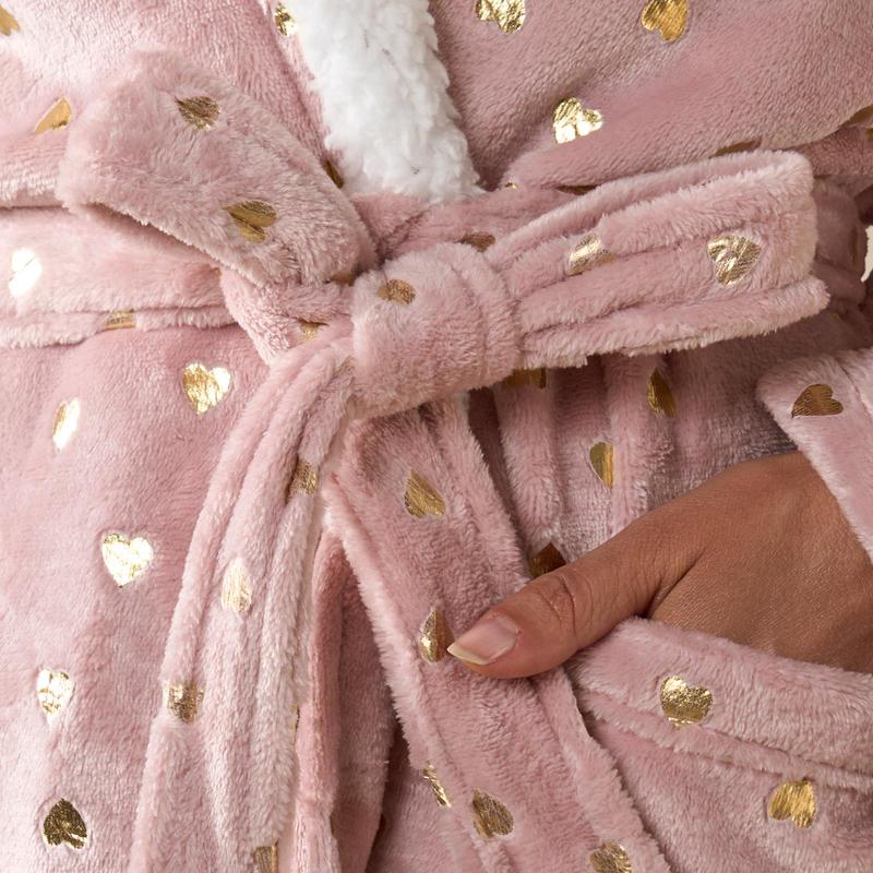 OHS Womens Hearts Stars Foiled Soft Cosy Sherpa Fleece Robe Dressing Gown 3