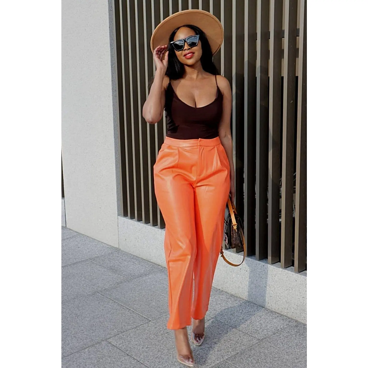 Orange Faux Leather Pants