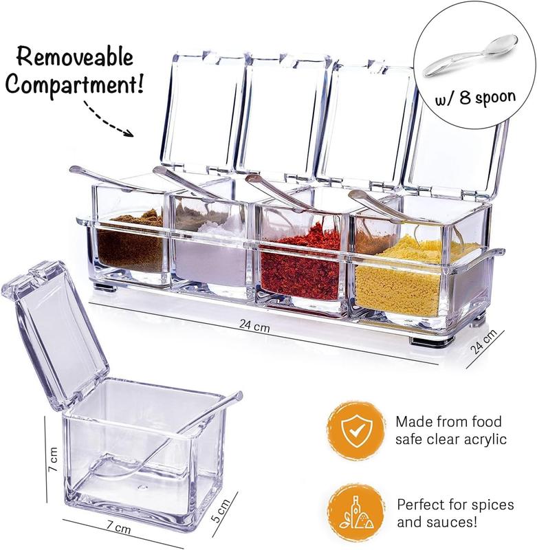 Spice Box - 4-Piece Spice Containers Storage Set - Seasoning Jars for Herbs, Spices & Seasonings - Acrylic Spice Storage with Cover and 8 Spoons for Salt, Pepper, Sugar, and Spices for Cooking Kitchen Transparent Utensils Tin Canister 1