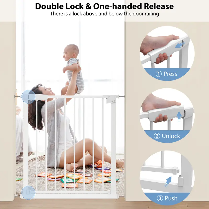 Portable Baby Gate Baby Safety Guard Gate 75-82 cm for Indoor Outdoor Stair Hall Doorway, Opens to Both Sides with One Hand,Dual swinging doors,Automatically Close 3