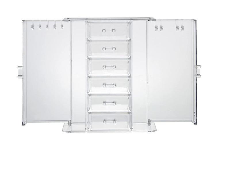 Jewellery Stand, Acrylic Cosmetic & Jewellery Storage with 6 Drawers, 9 Necklace Hooks & 2 Side Compartments, Tabletop Plastic Jewellery Organiser for Rings, Earrings, Necklaces & Bracelet Boxes 3