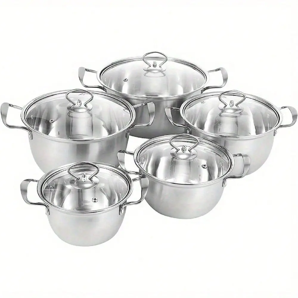5pcs Stainless Steel Pot Professional Induction-Safe Stainless Steel Pot With Glass Lid Not-Sticky Hot Pot Double Ear Soup Pot For Most Hob Types