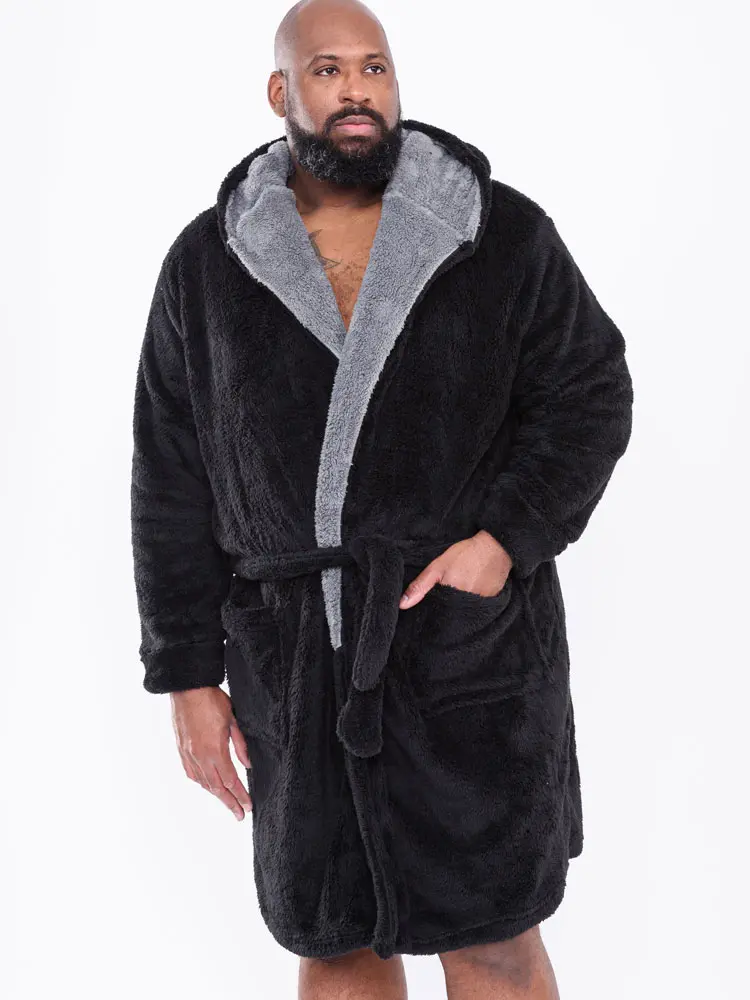 D555 Mens Dressing Gown With Hood, Big & Tall, Black 2XL-8XL