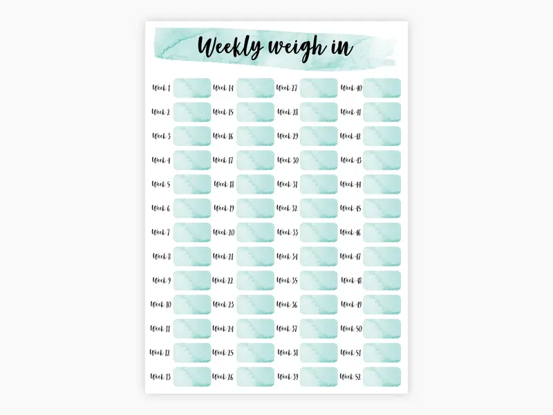 Gorgeous 52 Week Weekly Weigh In Weight Loss Tracker (52 Wks). A4 Printed Weight Loss Chart, Annual Weight Loss Tracker, Yearly Weight Loss Tracker. Laminated Or Unlaminated in 15 Colour Options. Start Tracking Your Weight Loss Now. 3