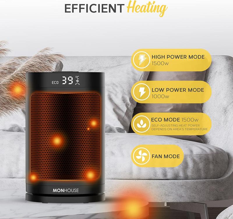 MONHOUSE Electric Heater - Energy Efficient PTC Ceramic, Silent Portable Heater with LED Display, Remote Control, Overheat Protection, Smart Thermostat, 1-12HR Timer - Ideal for Office, Home, Bedroom 4