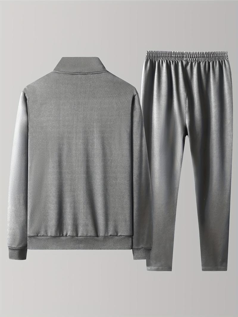 Product Introduction of Stylish Sports Outfit| Men's Athletic & Casual Tracksuit Set - Zip-Up Stand Collar Jacket with Pockets & Elastic Waist Joggers, Polyester Blend, Black - Perfect for Spring/Fall 1