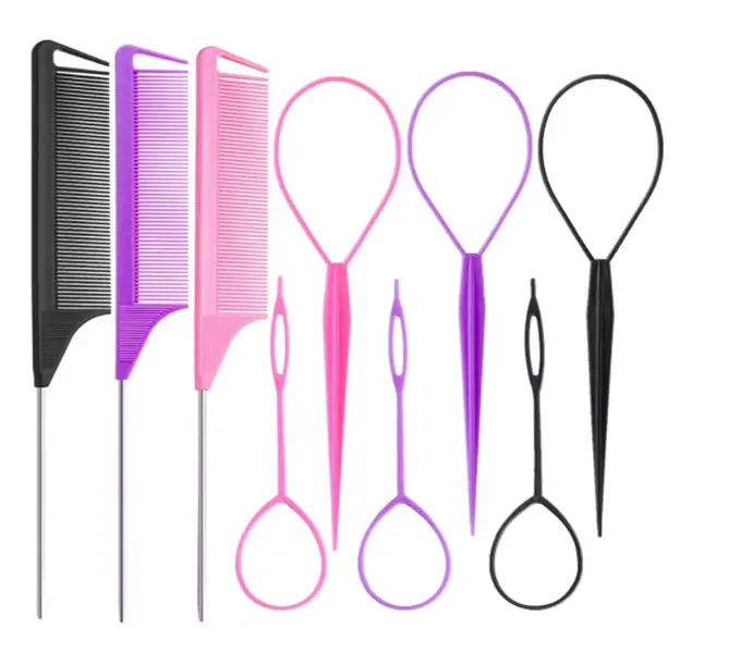 9pcs Topsy Hair Tail Tool and rat tail comb set,6pcs French Braiding Tool ring,3Pcs Metal Parting Combs,Woman Girl Hair Styling (Pink,Purple, Black)
