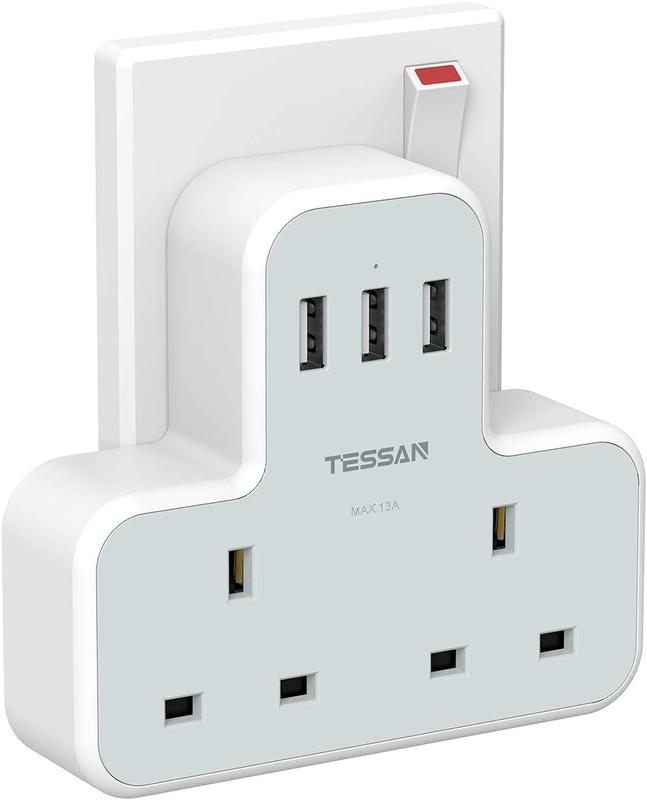 Plug Adapter with 3 USB Plug, TESSAN Double Plug Adaptor Extension Plug, 2 Way Multi Plug Extension with USB Charger Plug, Slim Multiple Plug Socket UK for Kitchen, Office, School Supplies 0