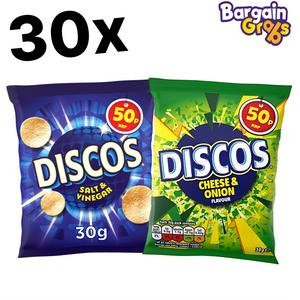 30 x Discos Crisps 30g – Salt & Vinegar or Cheese & Onion, Bold & Crunchy Snacks,  Savory Crispy