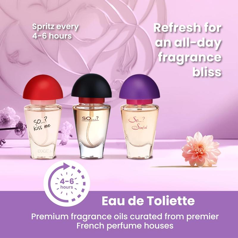 Three For Me Premium Womens Perfume Gift Set, Kiss Me, Sinful, SO...?, Eau De Toilette with Long Lasting Fragrance - Travel Size Mini Perfume for Girls, Ladies Gift Sets (3 x 15ml)  Gift Ideas, Gift For Girlfriend, Gift For Wife, Anniversary Gift 6