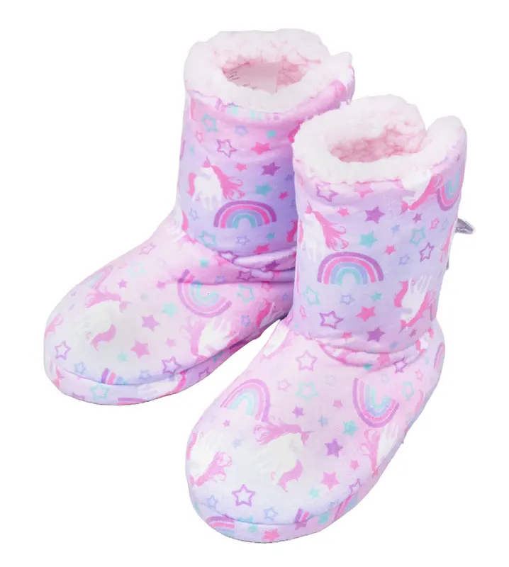 GIRLS UNICORN PINK FAUX FUR WARM PULL ON BOOTIE SLIPPERS HARD SOLE UK SIZE 8-2 2