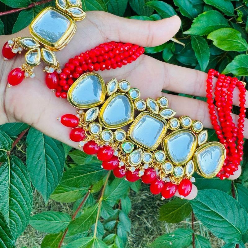 Rakhi Red Kundan Choker Necklace Set. Auspicious Anniversary Female Engagement Metal Coating Fabric 0