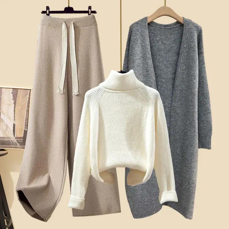 Product Introduction of [2025] plus size women's winter cardigan jacket polo/turtle neck sweater bell bottoms three-piece set new style long length 21