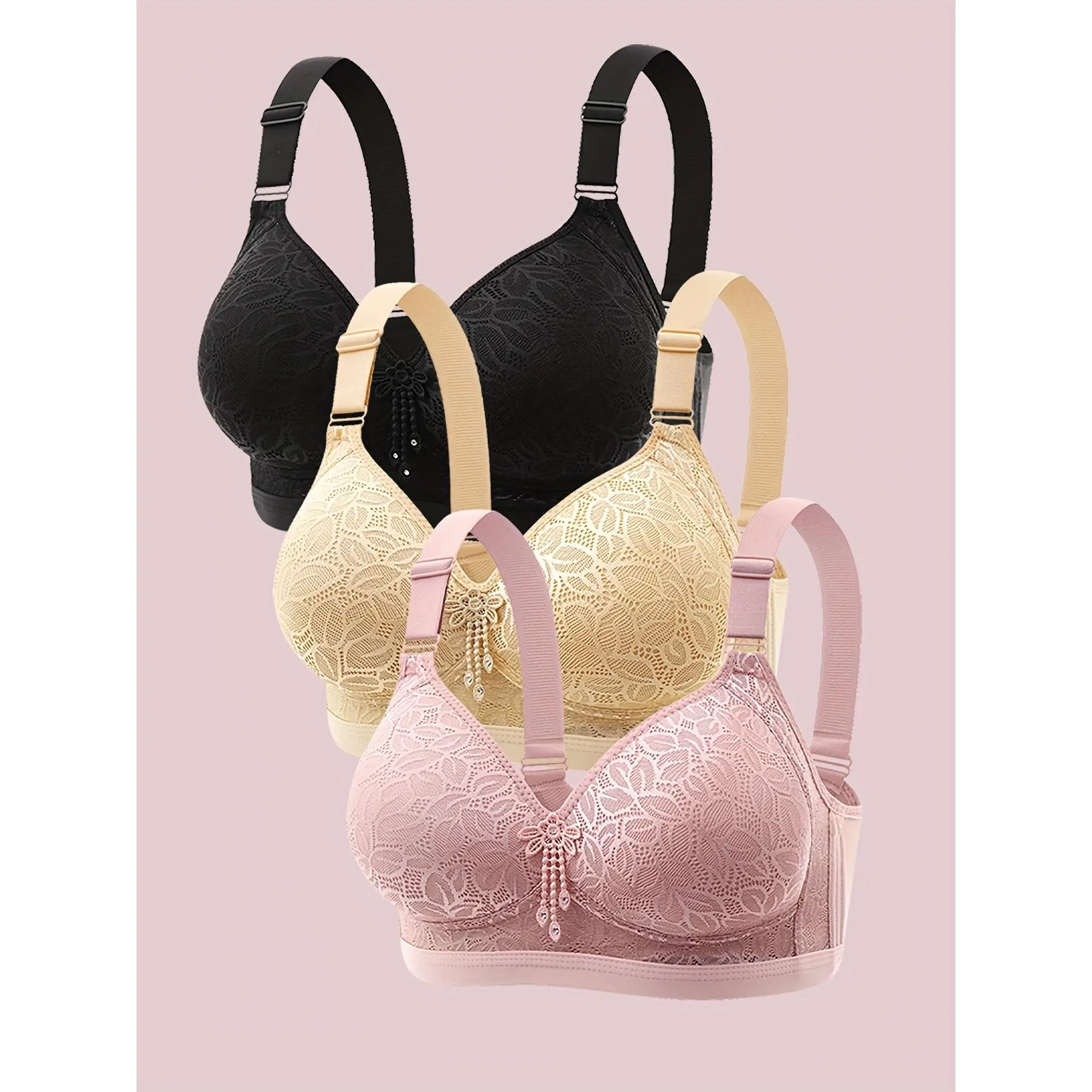 3pcs ESSELEGANCE Elegant Lace Push-Up Bras for Women - Wireless, Full Coverage, Adjustable Straps with Decorative Detailing in Black, Beige, & Pink - Soft Nylon Blend, Machine Washable