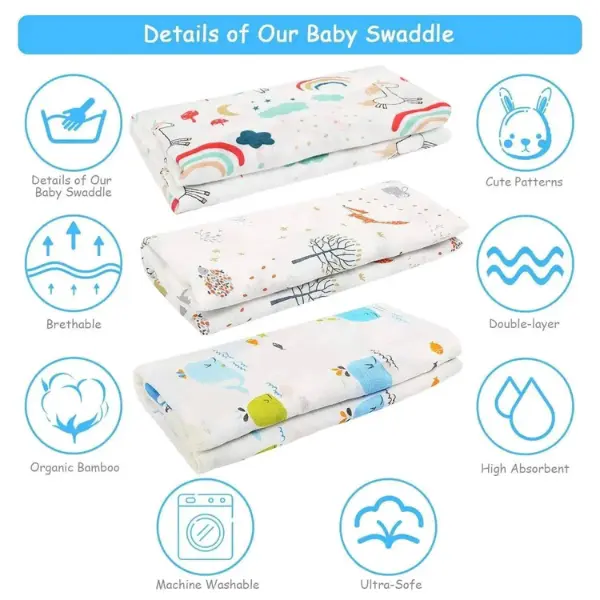 3 Pack Muslin Swaddle Blankets - Soft Cotton Muslin Cloths for Baby, 120x120cm