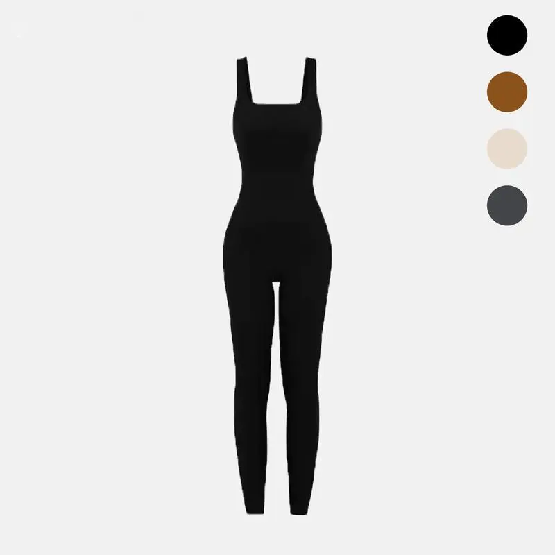 【50 %off】2pcs Women Yoga Jumpsuits Summer Sleeveless Ribbed Knit Square Neck Body con Slim Fit Pants Solid Color Workout Sports Outfits