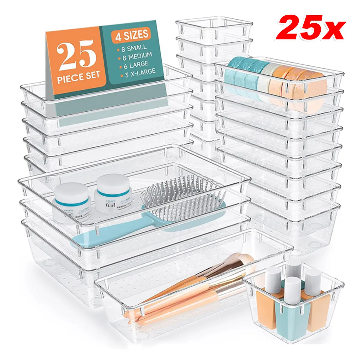 25 Pcs Drawer Organizer Tray Set Draw Organiser Box Desk Drawer Fridge Tray Container Storage Bins Divider 4 Sizes Clear Transparent Plastic Organizer Boxes For Home Office Vanity Makeup Jewelry Cosmetic Bathroom Bedroom Kitchen Gadgets Utensils Use