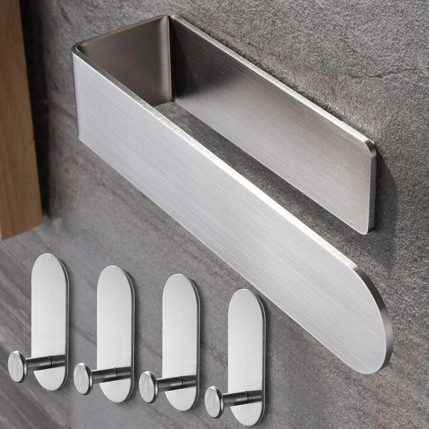 Towel Rail - Hand Towel Holder with 4 Pack Self Adhesive Hooks, SUS 304 Stainless Steel Bathroom Kitchen Accessory, No Drilling (Silver）