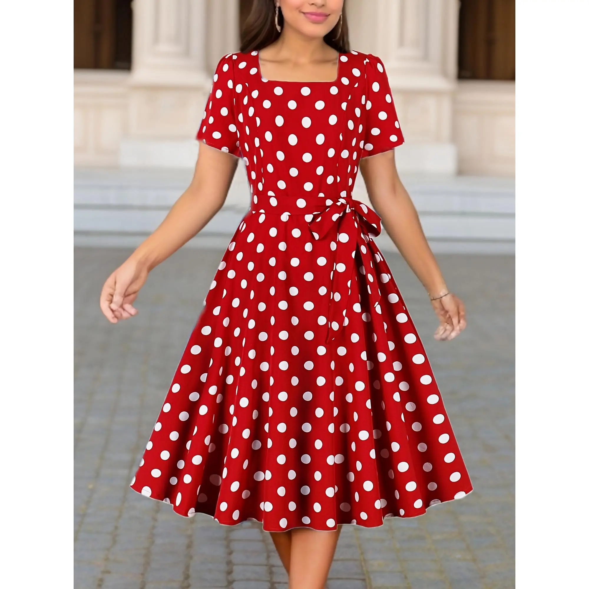 Polka Dot Print Square Neck Dress, Elegant Short Sleeve Belted Dress For Spring & Summer, Women's Clothing Casual Womenswear