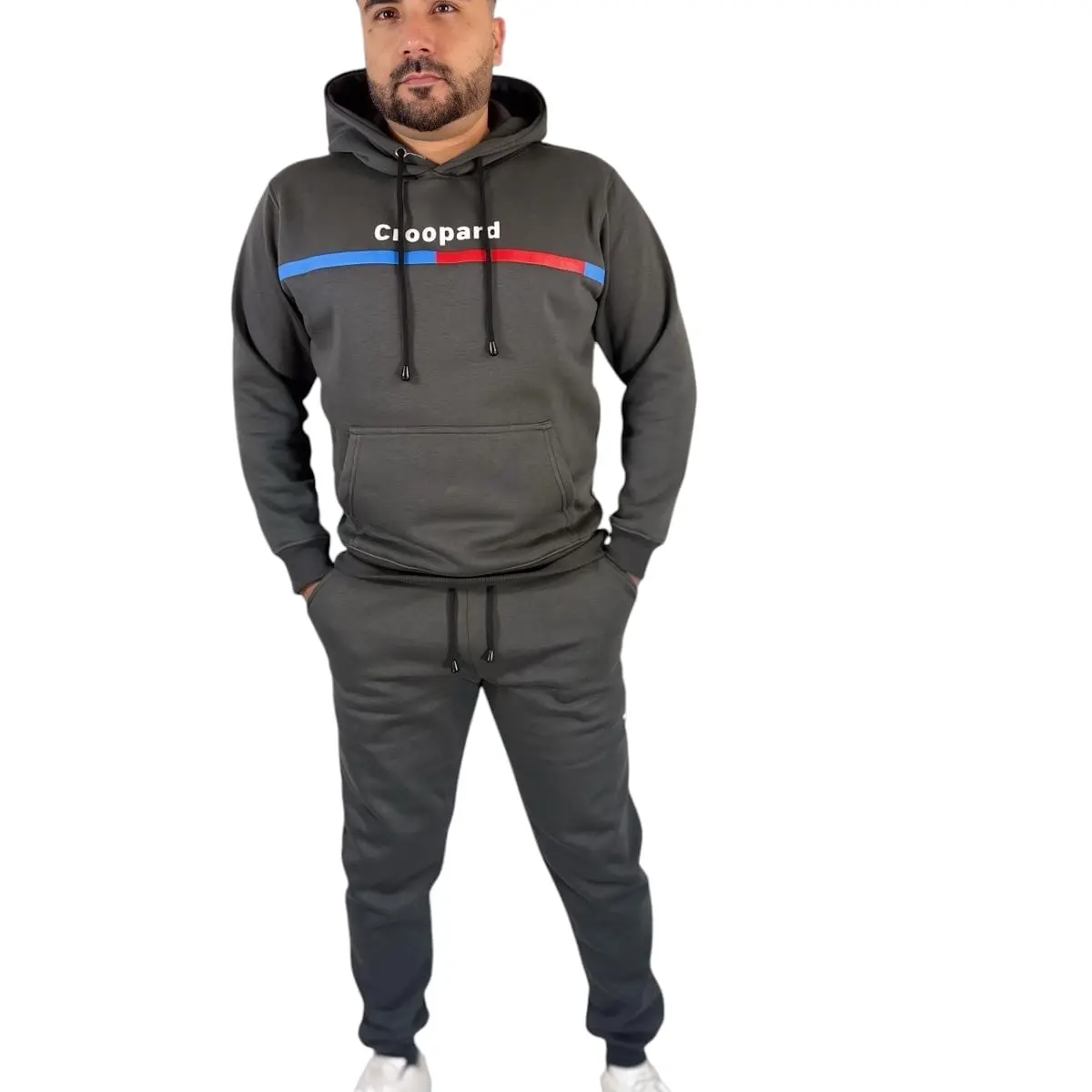 Men's Signature Charcoal Track Suit with Red and Blue Stripes - Premium Cotton Blend - Menswear Clothing Soft Stylish Overall Long Sleeve