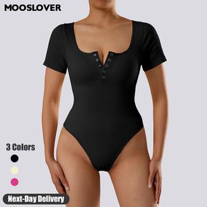 Mooslover UK Sexy Ribbed Bodysuit Short Sleeve Buttoned Bodysuit Square Neck Top Bodysuit