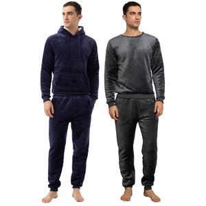 Mens Fleece Pyjama Set Full Sherpa Fleece Lined Inside Long Sleeve T-Shirt & Bottom Pants Sleepwear Loungewear & Nightwear for Men Soft Top & Trousers Menswear Pajamas Homewear Pajama Set Pjs Small Beige Navy Plain