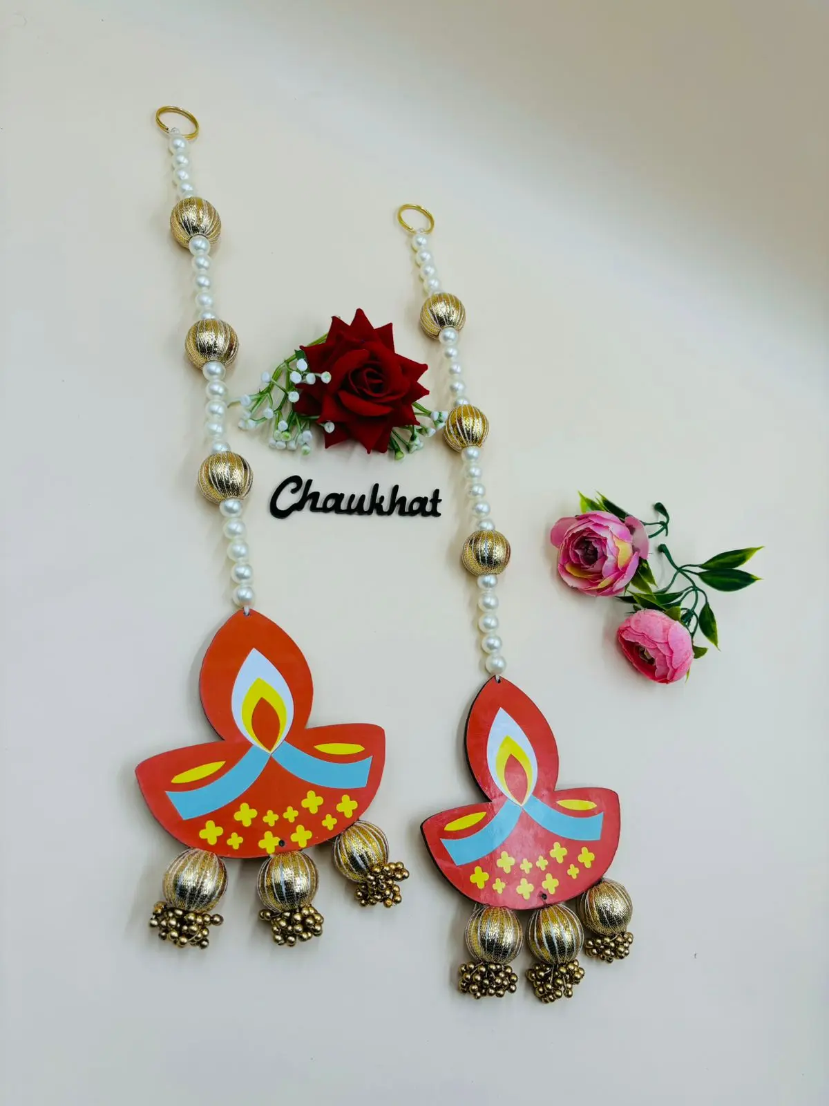 Traditional Decorative Diya Hanging Pair with Pearl and Gold Beads