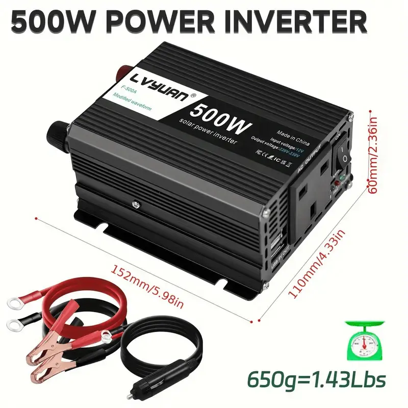 LVYUAN 500W Power Inverter DC 12V to 220V - 240V AC Transformer Car Converter 12V with dual USB ports & UK Sockets Charger Lighter Adapter 1