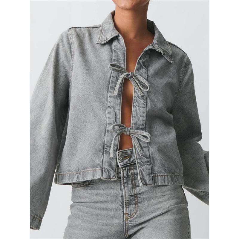 Women's Denim Tie Front Jacket Solid Color Lapel Long Sleeve Casual Cropped Coats Spring Fall Outerwear 5