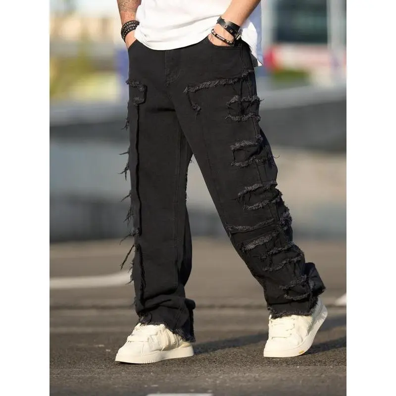Men's Solid Ripped Jeans, Loose Casual Comfy Denim Trousers for Daily Wear, Fashion Men's Bottoms for All Seasons