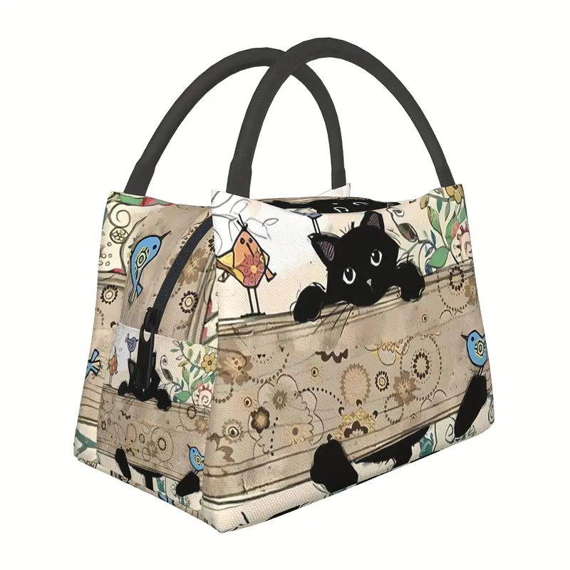 Black Cat and Bird Pattern Portable Insulated Lunch Bag, 27.94x16.0x17.02cm, Suitable for Camping, Picnics, Beaches, and Outdoor Activities 0