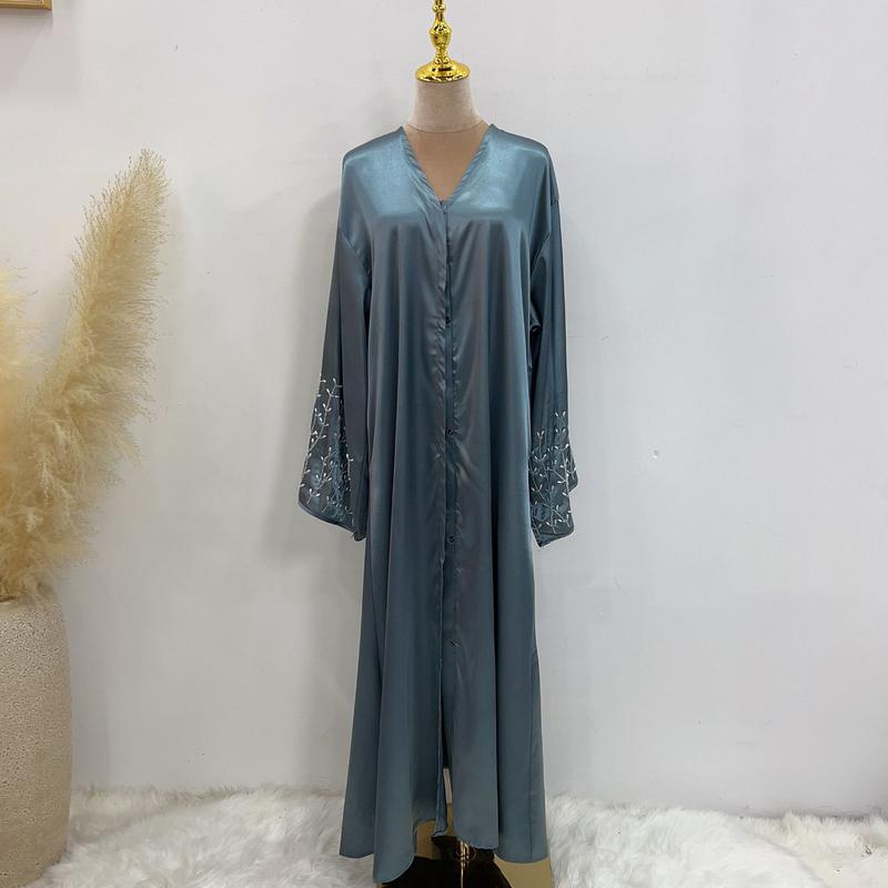 Product Introduction of HS1024 1pcs Satin Cardigan Handmade Beaded Dress Abaya 19