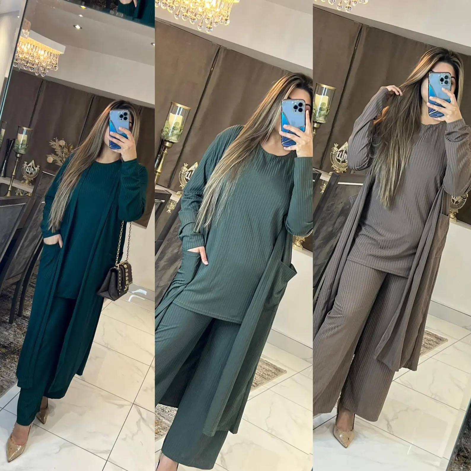Women's Ladies Ribbed 3Pcs Co-Ord Set Sleeveless Vest Trouser And Two Pockets Cardigan Modesty