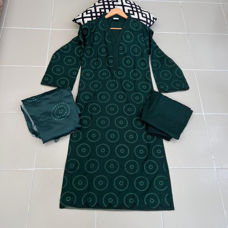 3 pc dhanak fabric Chickenkari long shirt suit with dupatta , organza detailing on daman and sleeves Womenswear 1