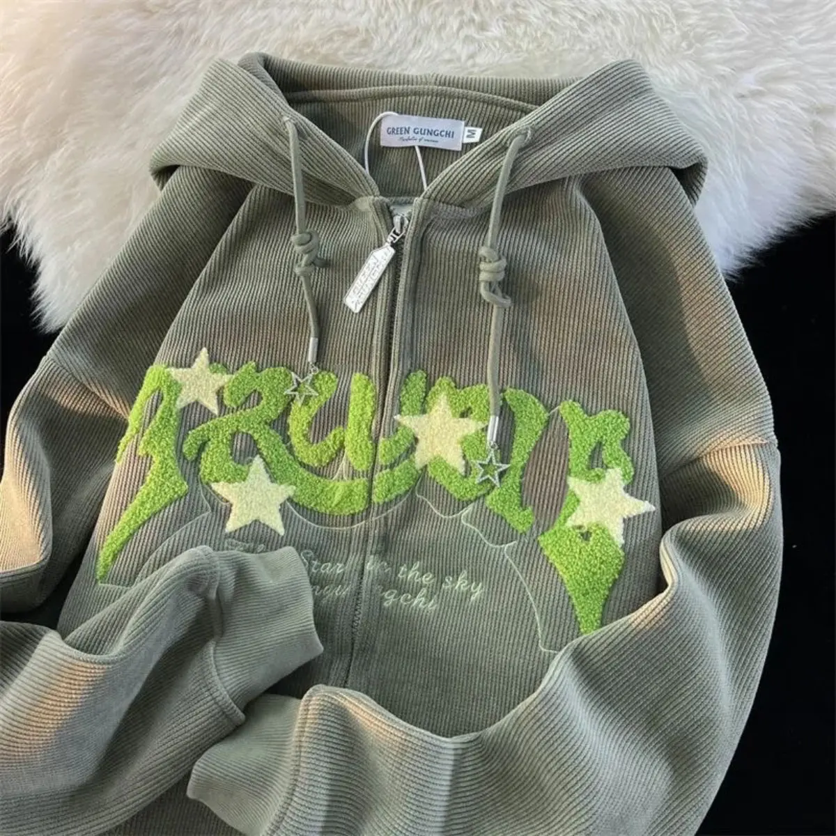 Hoodie Corduroy American Embroidered Hooded Sweatshirt Men Women 2024 new Drape Lazy Trend Cardigan Jacket Tops streetwear y2k