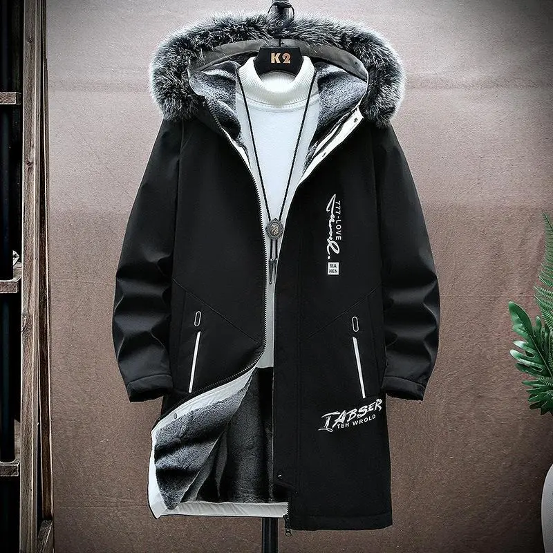Men's winter new cashmere thick hooded medium long printed cotton-padded clothing for men leisure warm cotton-padded clothing