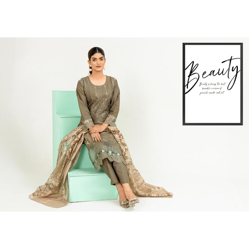 Dark Olive Green | Chikankari Embroidered Lawn 3Pc dress - Rangz 1