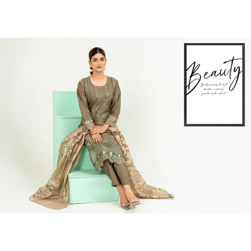 Dark Olive Green | Chikankari Embroidered Lawn 3Pc dress - Rangz 1